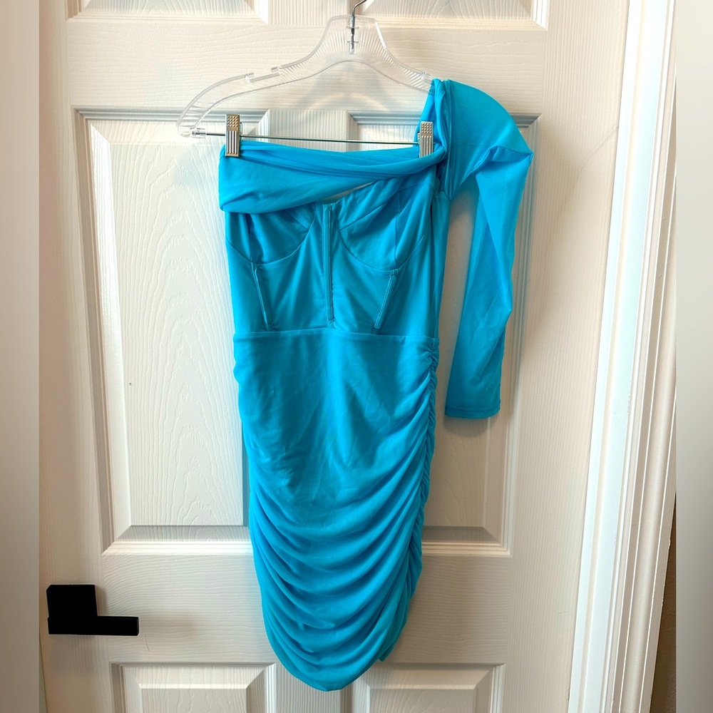 Teal one sleeve mini dress